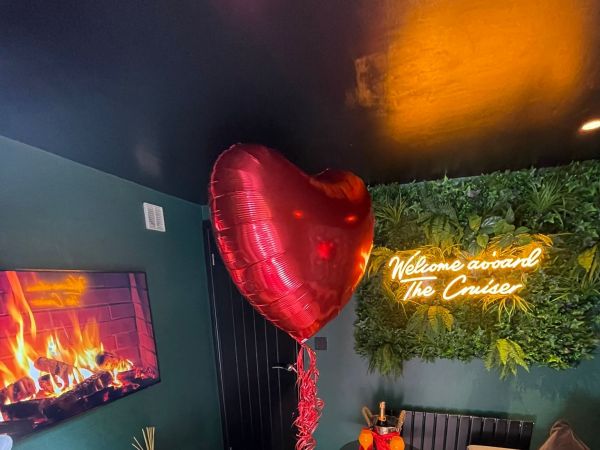 The lounge in the Cruiser with Love Heart Balloon