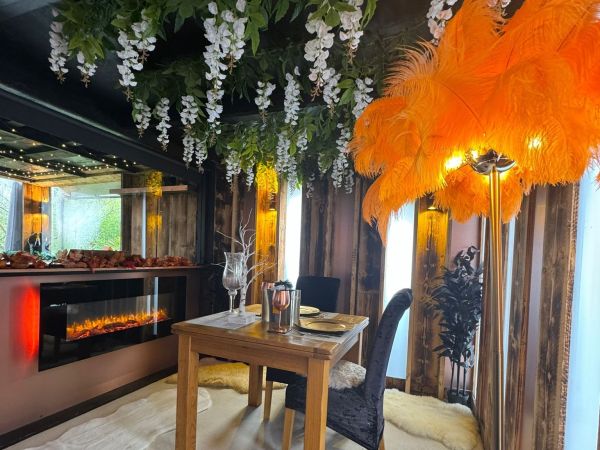 The Chalet dining area with floral ceiling