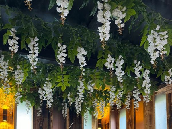 The floral ceiling above Chalet dining area