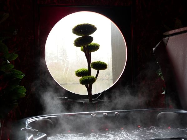 KOI hut tub with lake view shutter window open