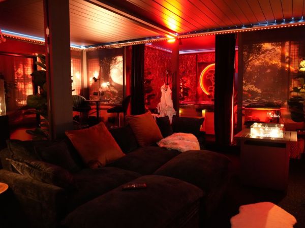 KOI large soda, fire pit coffee table and tall table