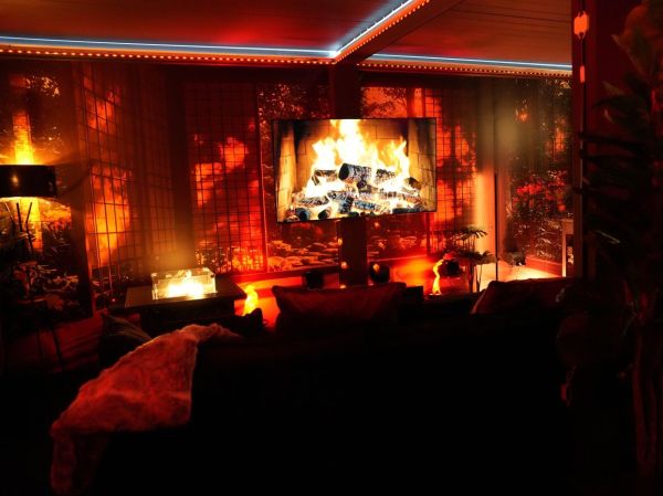 KOI large screen and coffee table with fire pit