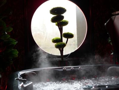 KOI Hot Tub with open lake view shutter