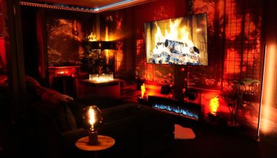 KOI Zen area with large screen and electric fire place